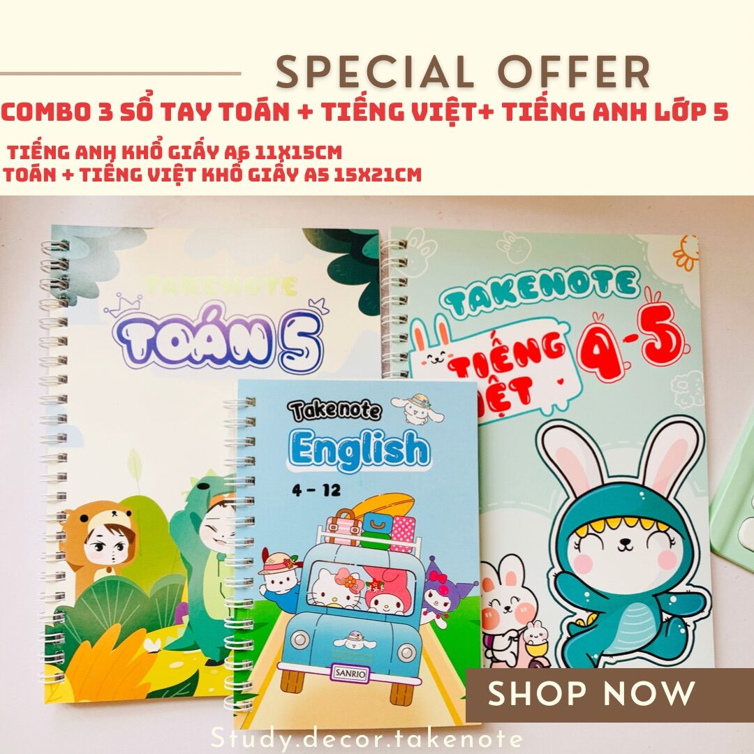 Combo toán 5 + tiếng việt 5 + tiếng anh khổ giấy a6
