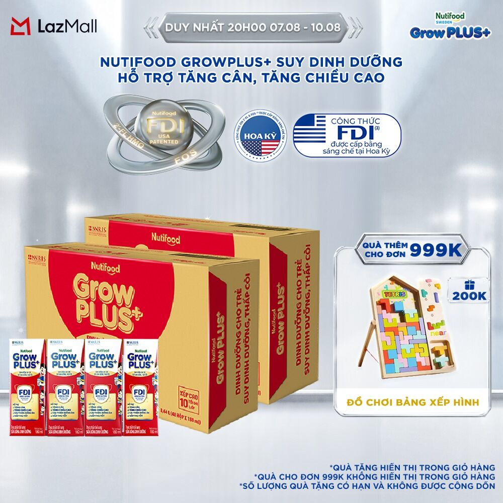 Combo 2 Thùng 48 Sữa Bột Pha Sẵn Nutifood GrowPLUS+ Đỏ (Suy Dinh Dưỡng) - Hỗ Trợ Tăng Cân Tăng Chiều Cao 180ml (Bao bì tùy đợt nhập hàng)