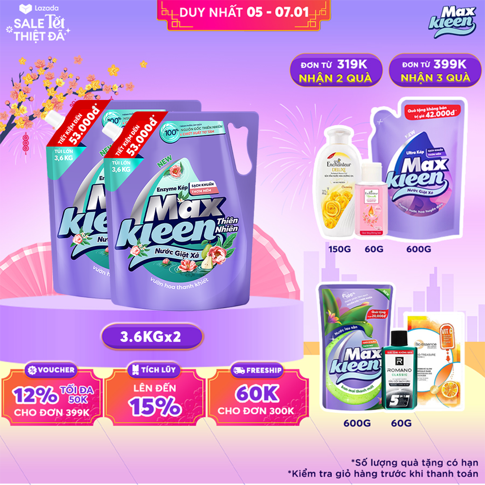 Combo 2 Túi Nước Giặt Xả MaxKleen Thiên Nhiên 3.6kg/túi