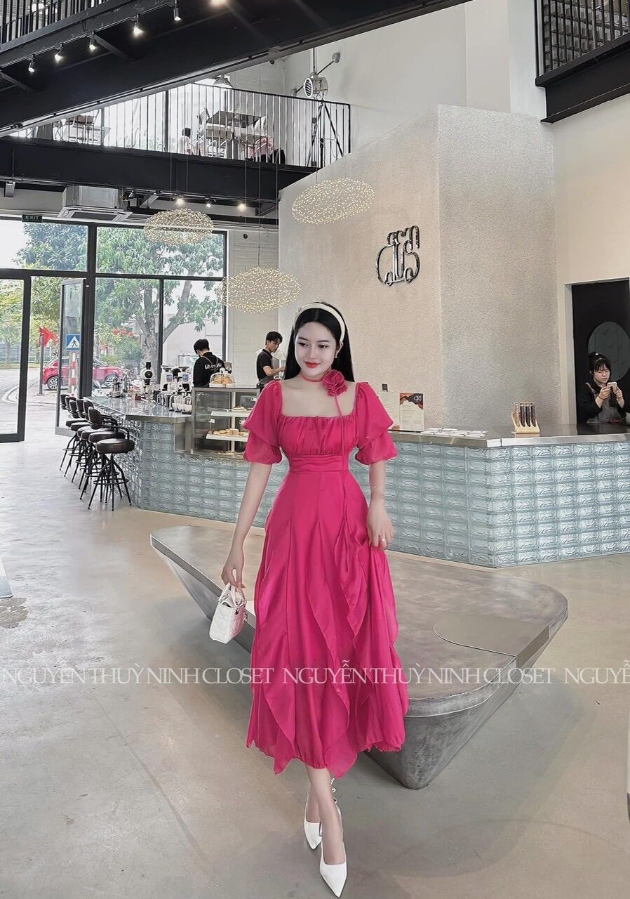 Váy đầm tơ nhăn bèo kèm hoa kh