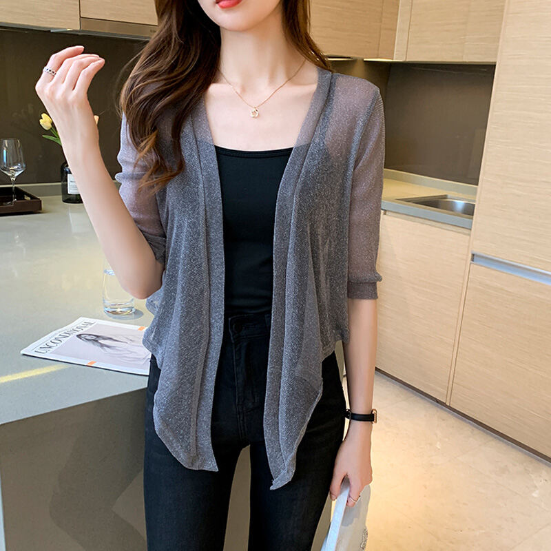 Áo Chống Nắng Áo Choàng Vai Áo Khoác Nhỏ Hai Dây Phối Bên Ngoài Mẫu Mỏng Cardigan Voan Lưới Rộng Rãi Có Dây Sợi Sáng Mẫu Mới Mùa Hè Cho Nữ Sành Điệu