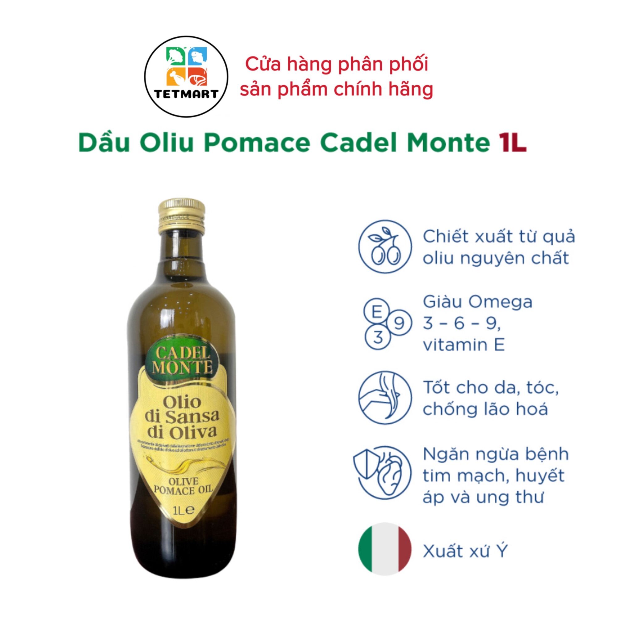 Dầu oliu tinh luyện pomance Cadel Monte 1L - Nhập khẩu Ý, 100% nguyên chất