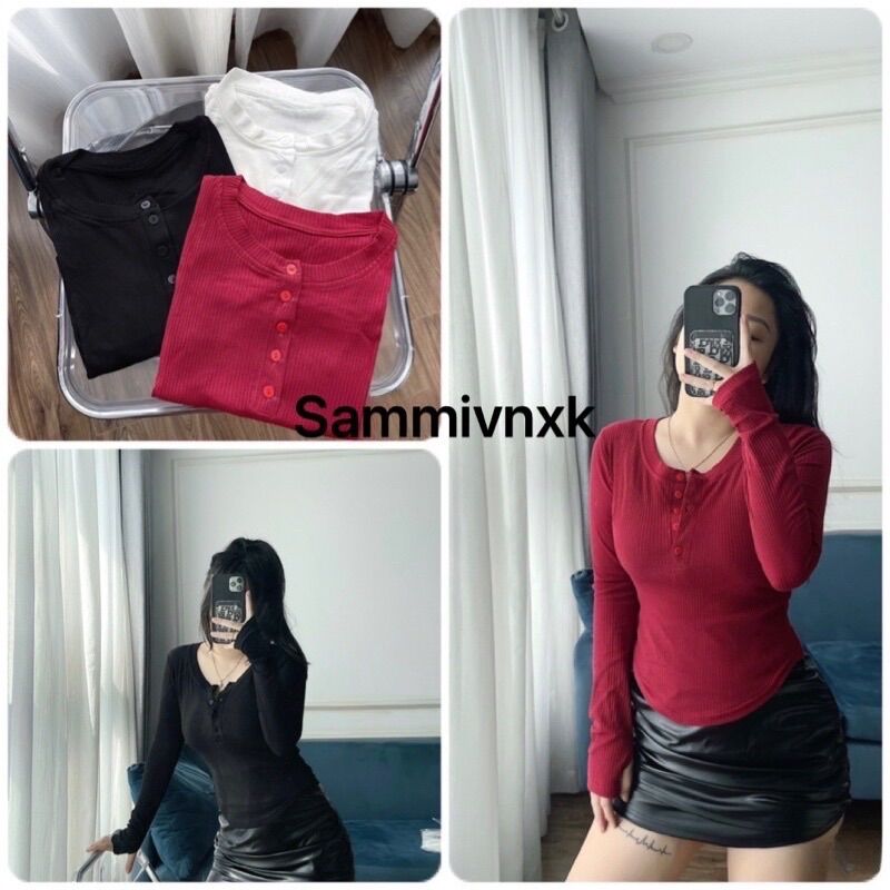 Áo thun tăm cổ trụ vạt bầu dài tay xỏ ngón Sammivnxk☘️freeship