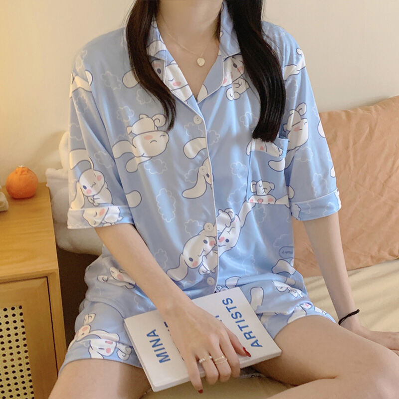 Đồ Ngủ Chó Cinnamoroll Kiểu Nhật Bộ Hai Chiếc Hoạt Hình Ngọt Ngào Phong Cách Instagram Đáng Yêu Tay Ngắn 2023 Cotton Mùa Hè Cho Nữ