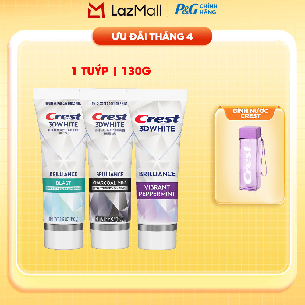 Kem đánh răng Crest 3D White Brilliance Trắng Sáng Vượt Trội hương Blast/ Charcoal Mint/ Peppermint Tuýp 130g/ 260g - Mỹ