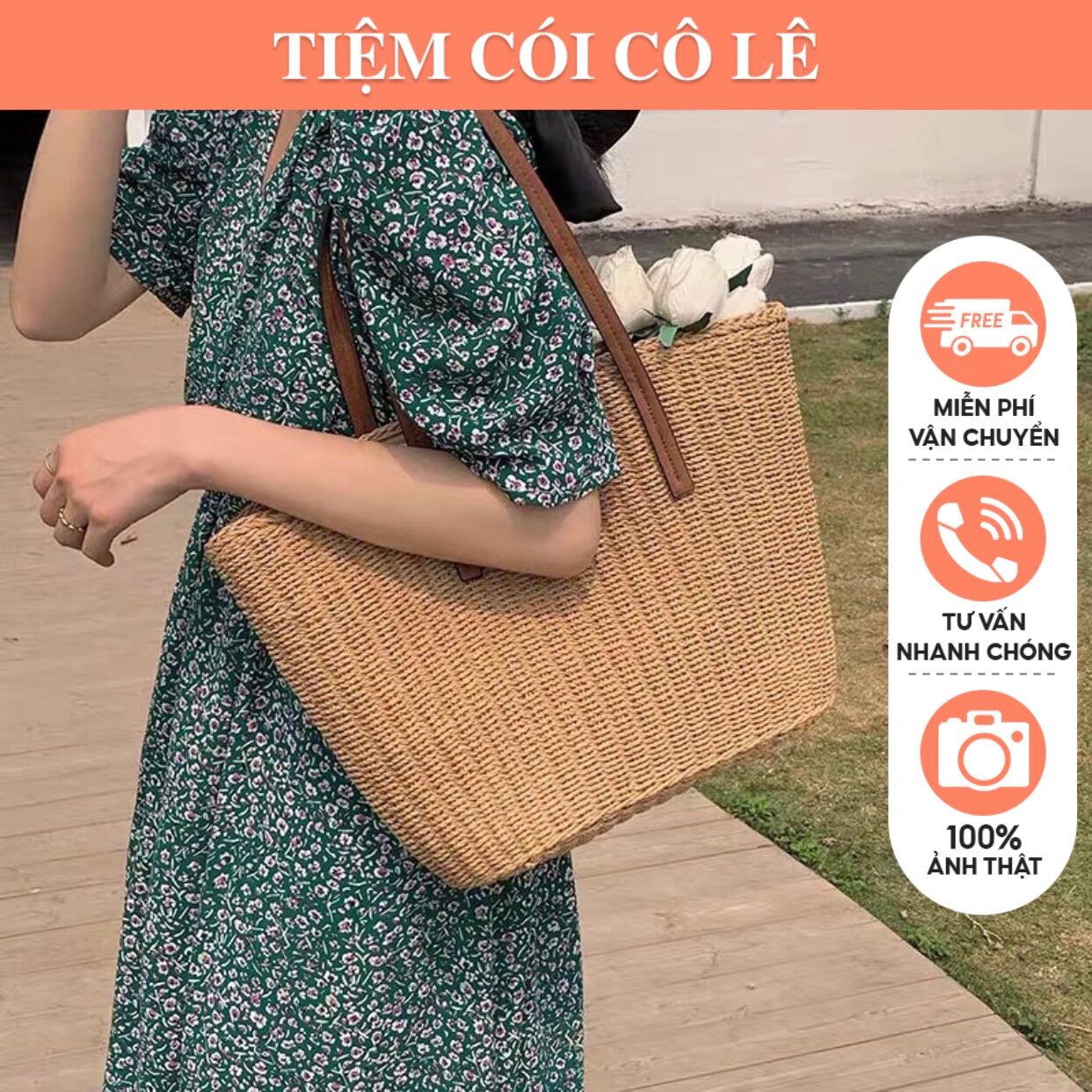 Túi cói giỏ cói quai da size lớn phụ kiện đi biển chụp ảnh hè 2023-tiệm cói cô lê