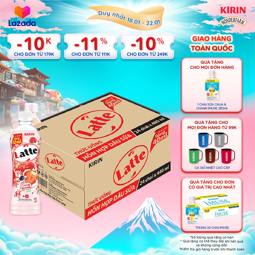 [Duy nhất 25.02 - 28.02]  [Giao hàng toàn quốc] 1 Thùng - Thức Uống Hỗn Hợp Dâu Sữa KIRIN Latte 480m