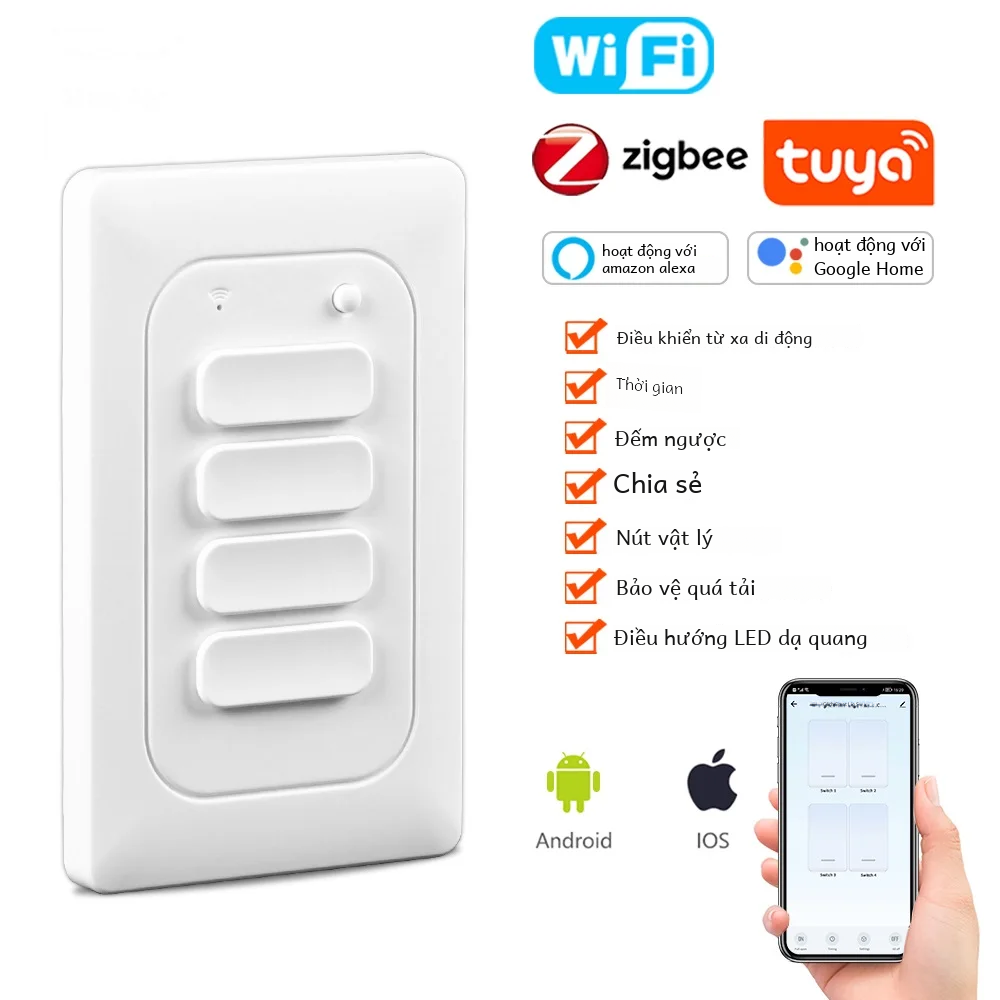 Tuya Wifi/zigbee Nút Công Tắc Thông Minh Không Dây Ứng Dụng Điều Khiển Ánh Sáng Gia Đình Tương Thích Giọng Nói Tiêu Chuẩn Hoa Kỳ Không Cần Dây Trung Tính