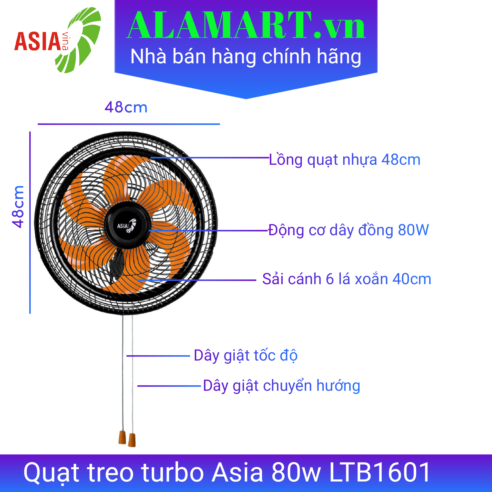 Quạt treo ASIA TURBO PLUS - VY637891 - Đen (New 2024) - 90W