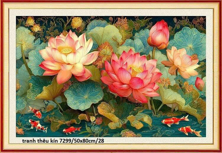 Tranh thêu chữ thập hoa sen (thêu kín) - KT:50x80cm _ chưa thêu