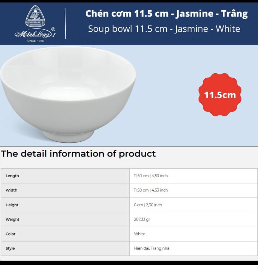Combo 10 Chén cơm sứ Minh Long trắng 11,5cm