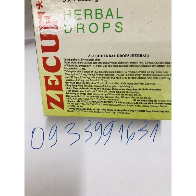 Kẹo ngậm Zecuf-hộp 5vĩ