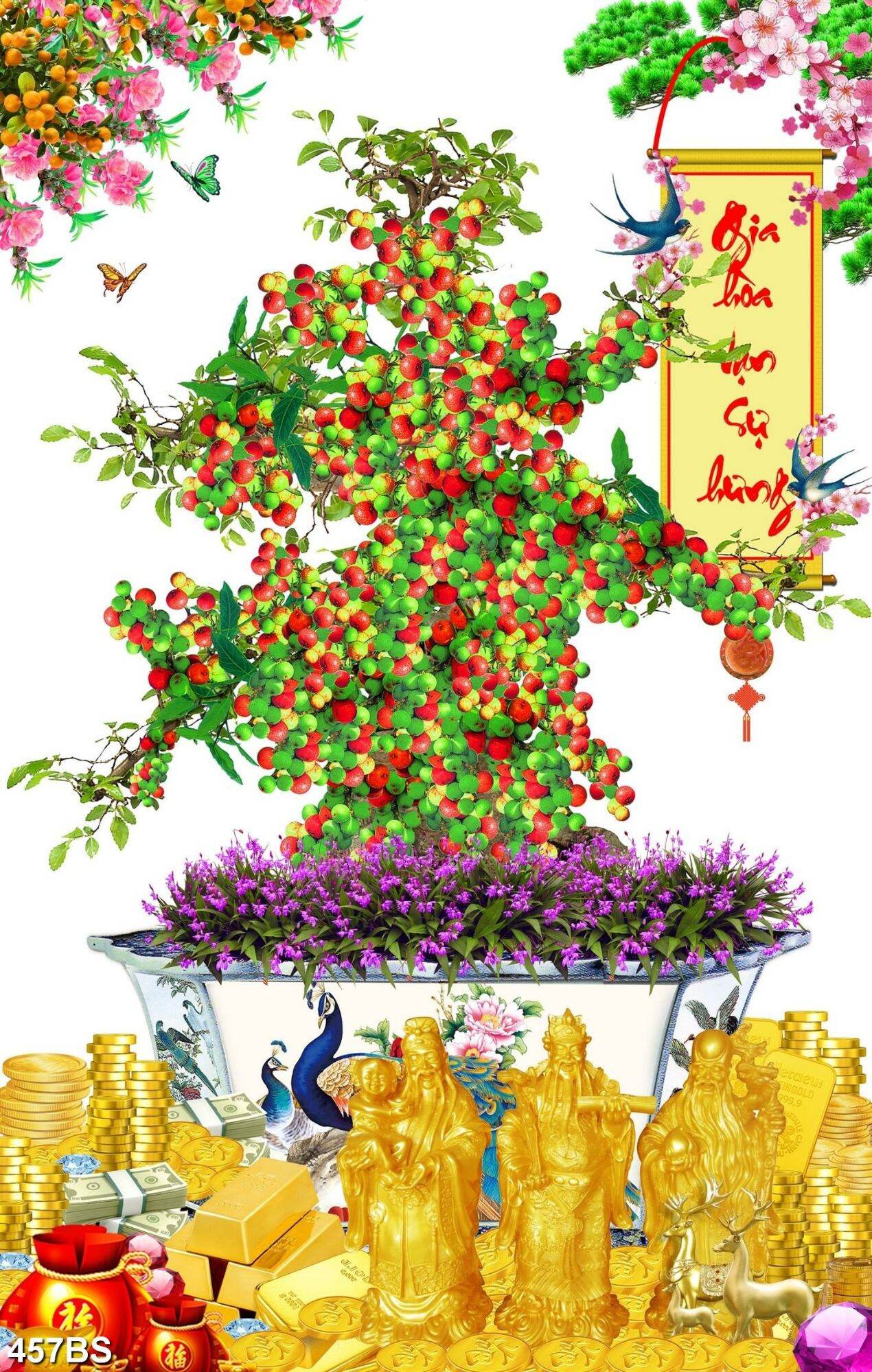 Tranh dán tường 3d chậu bonsai cây sung phúc lộc thọ 457bs - tranh chậu hoa chưng tết