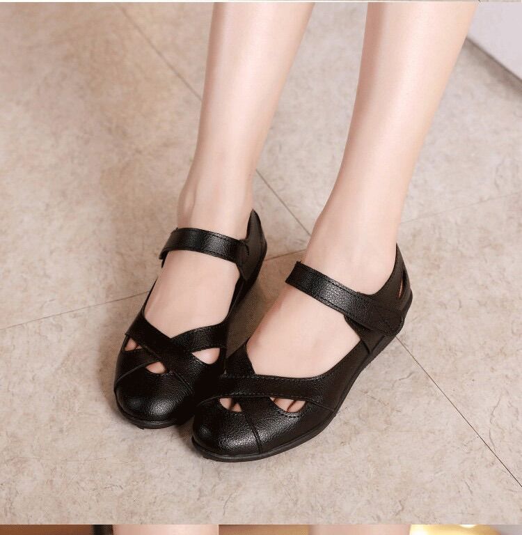 Giày Da Nữ Mũi Nhọn Đế Bệt Da Mềm Êm Chân Siêu Bền Màu ĐỏXámĐen