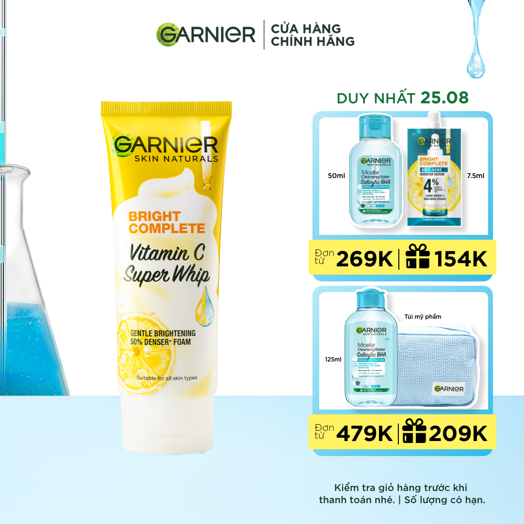 Sữa rửa mặt tạo bọt sáng da Garnier Bright Complete Vitamin C Super Whip Foam 100ml
