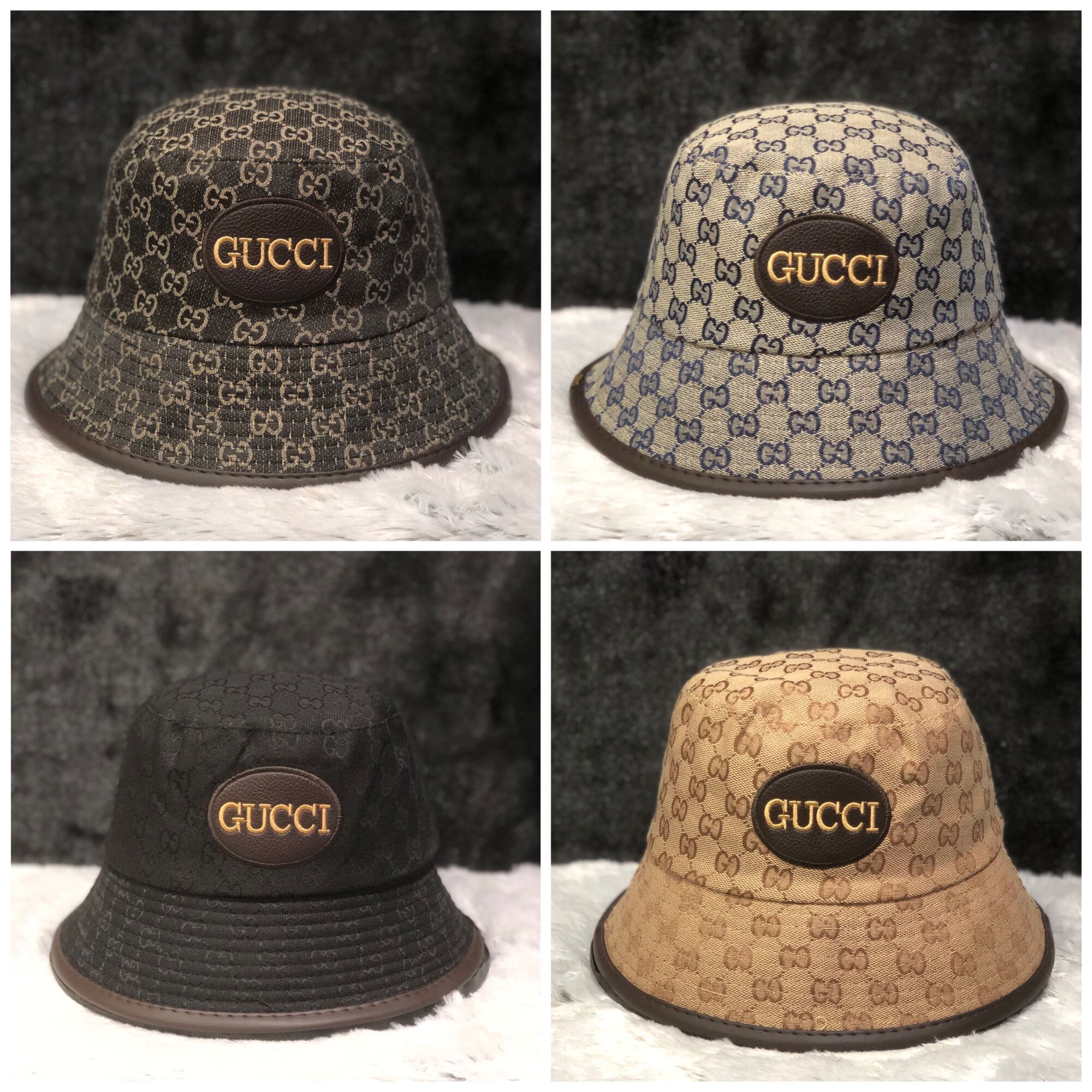 Mũ bucket hoạc tiết GG viền da thêu logo nổi