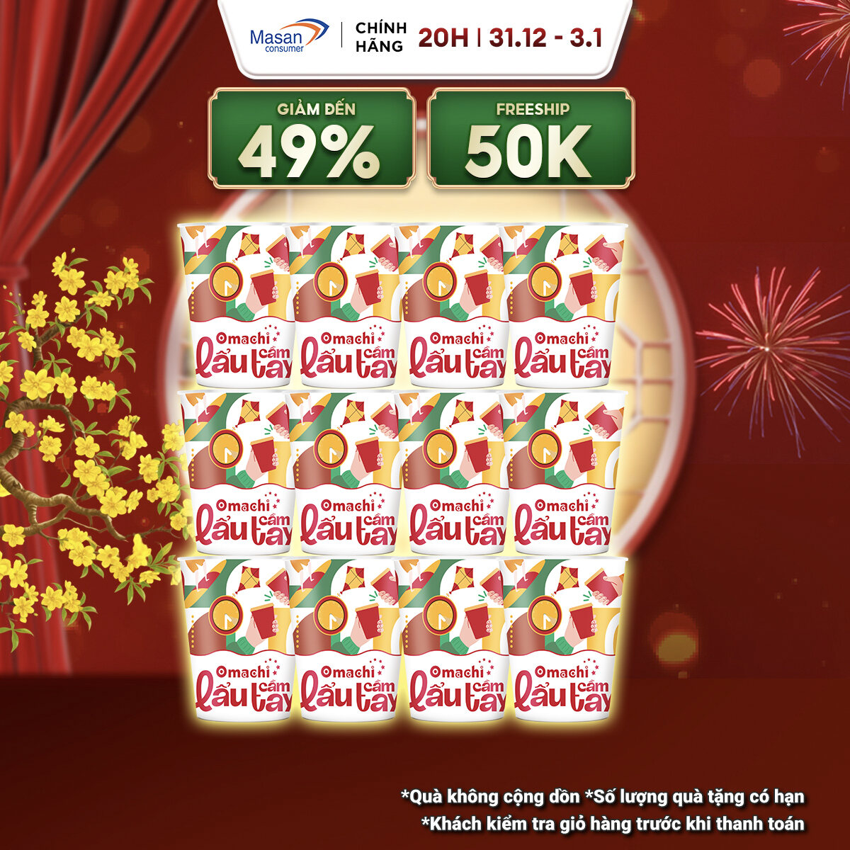   15.12-29.12 Voucher 18% CHO ĐƠN TỪ 199K Mì Omachi trộn lẩu cầm tay hương vị lẩu tôm hùm phô mai ly x 81gr 