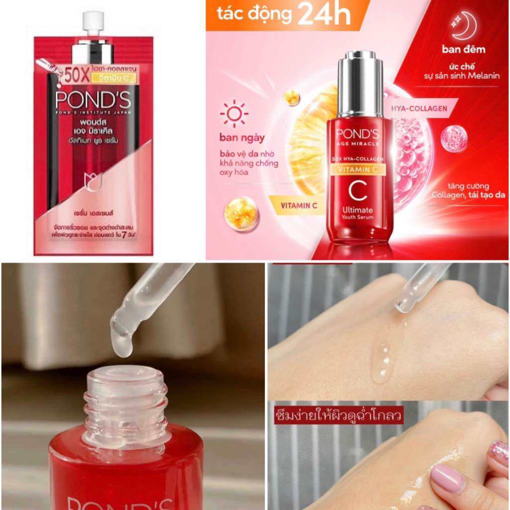 01 Hộp 6 gói Serum Pond’s Vitamin C tinh chất dưỡng sáng mờ đốm nâu POND'S Age Miracle Ultimate Youth Vitamin C HA Collagen - gói serum pond’s đỏ 7g