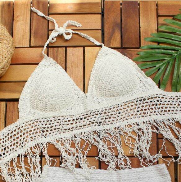 Bikini len đi biển nữ, set 3 món ren tua rua hàng Quảng Châu cao cấp Vivi Shop