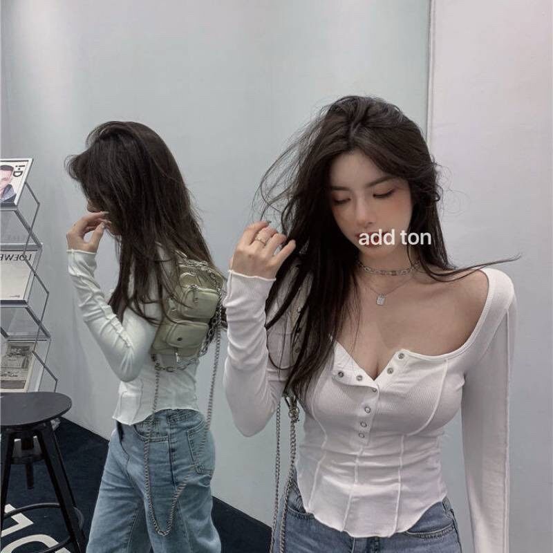 Áo kiểu hot girl croptop tay dài có nút bấm NBVB