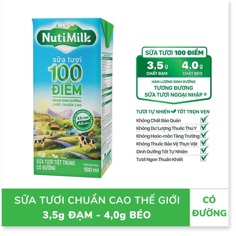 Thùng 48 bịch sữa tươi nutimilk 100 điểm có đường 180ml