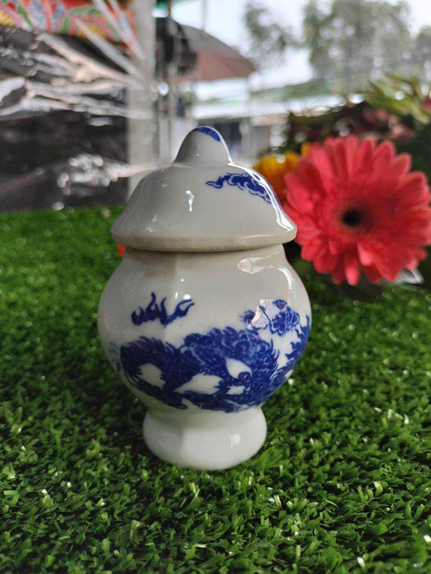 Hũ đựng gạo muối thờ cúng/Chóe sứ rồng xanh có nắp