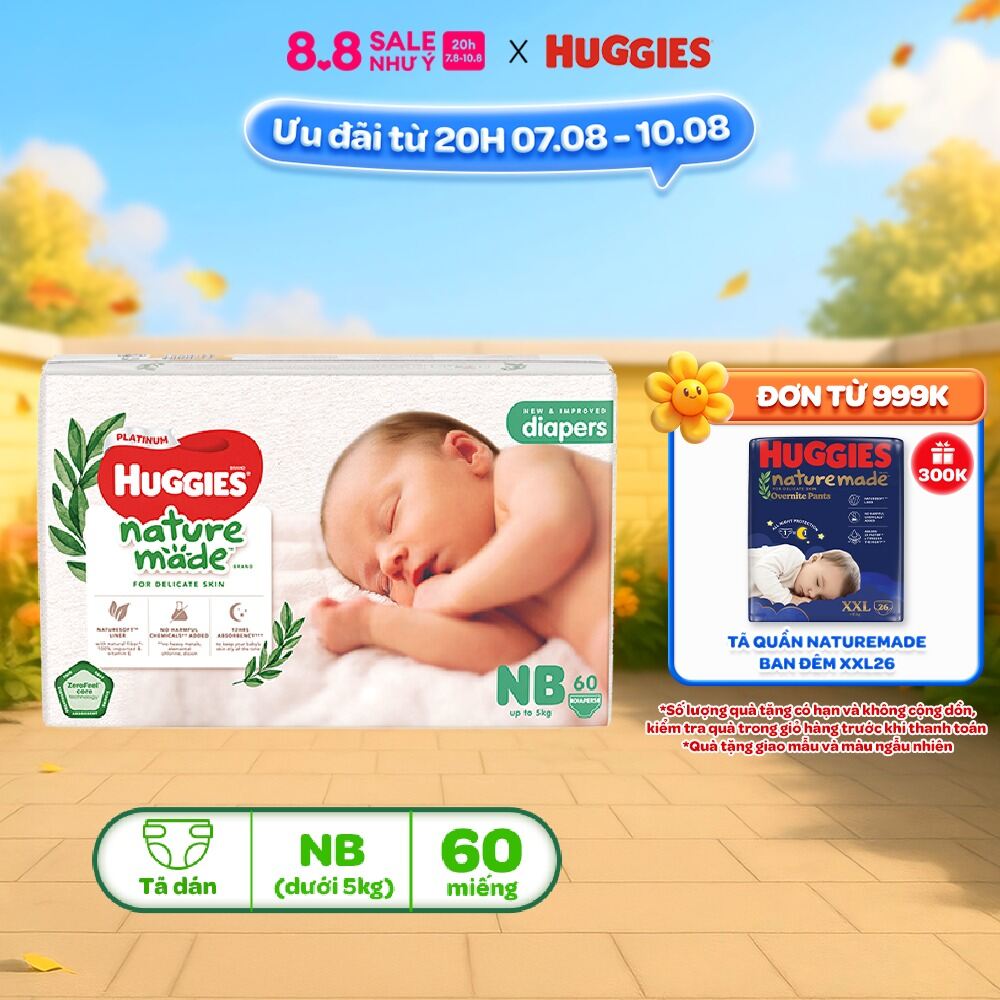 Tã/Bỉm dán sơ sinh Huggies NatureMade Super Jumbo NB60/S82