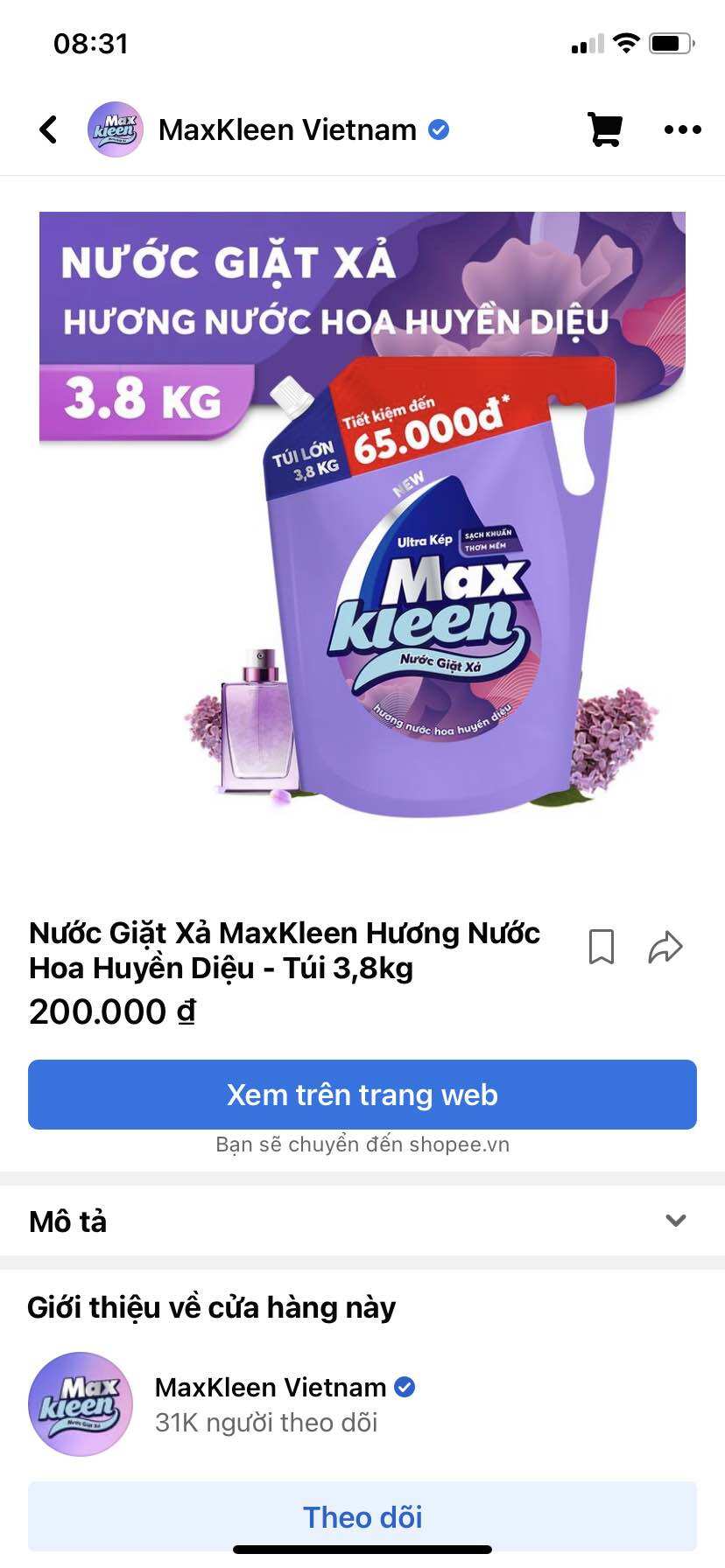 Nước giặt xả MaxKleen túi khổng lồ 3,8kg