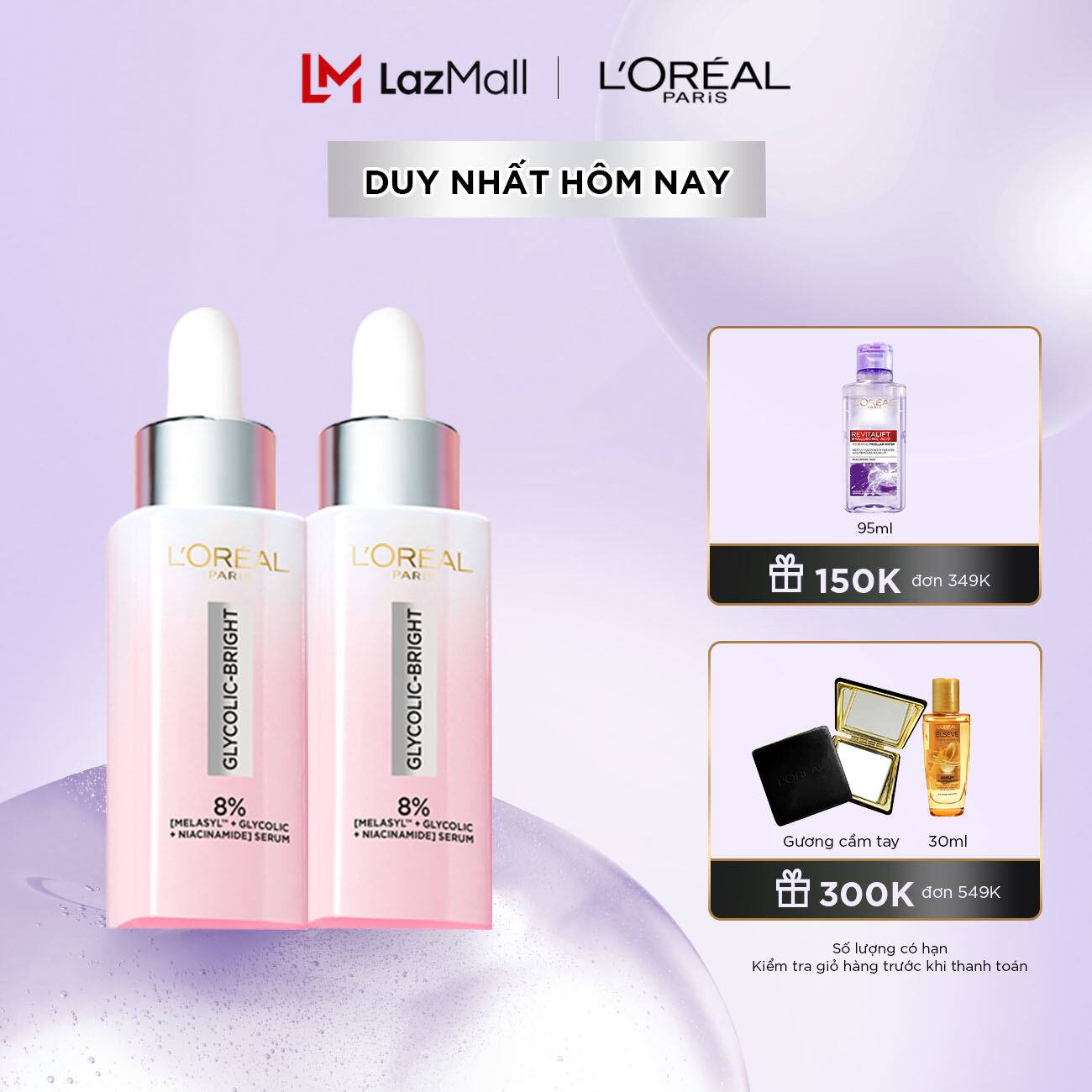 Bộ 2 Serum sáng da tức thì L'Oreal Paris Glycolic Bright Instant Glowing Serum 1.0% Glycolic Acid 30mlx2