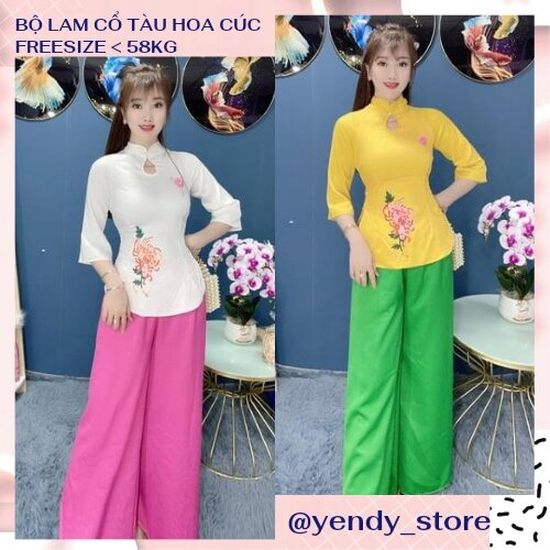 Đồ lam đi chùa - Bộ lam cổ tàu hoa cúc, phối dây thắt nơ lưng , đính cúc ngọc tiểu thư trang nhã