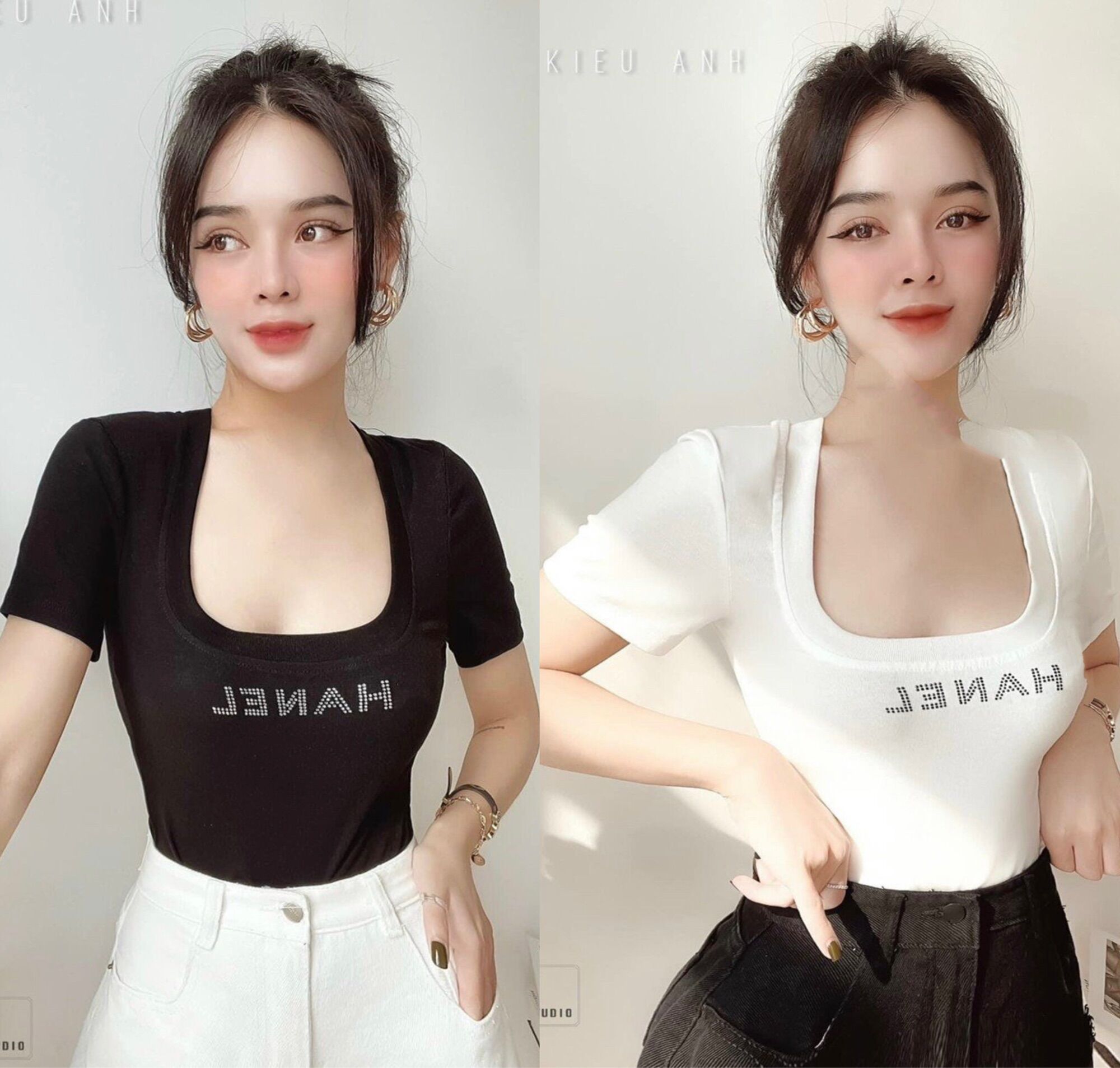 Áo thun body cổ U tay ngắn phối Lô Gô