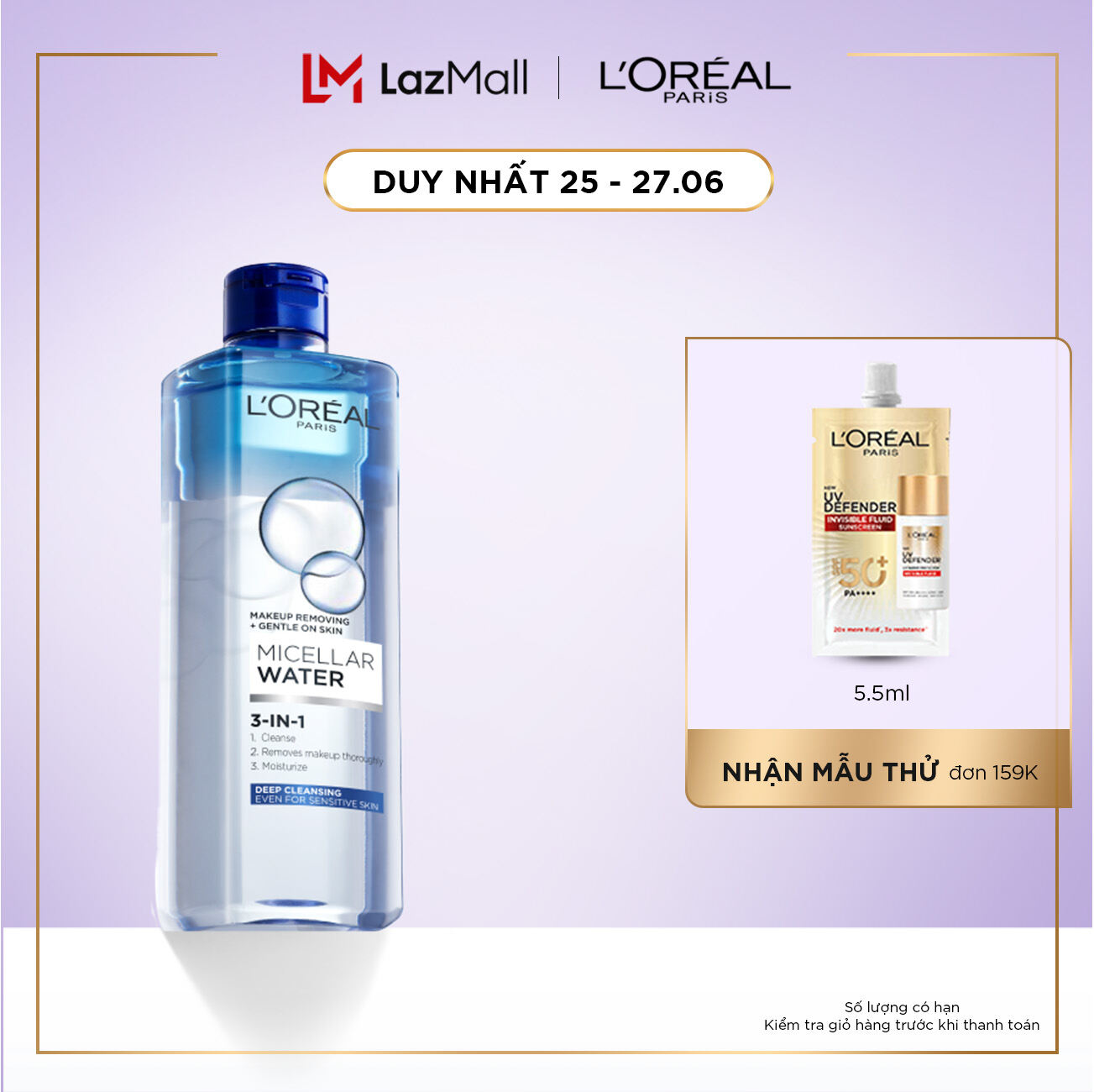 Nước tẩy trang đa năng 3-in-1 L'Oreal Paris Micellar làm sạch sâu 400ml (xanh dương đậm)