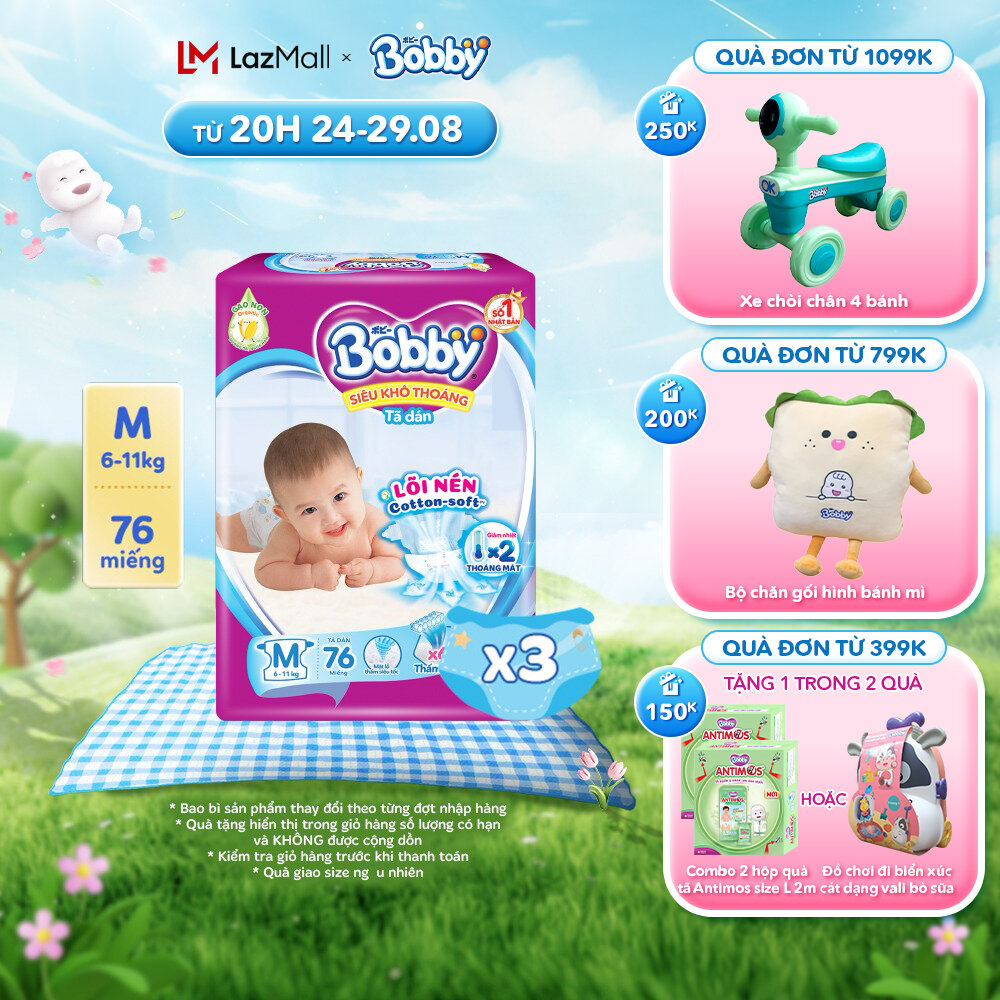 Combo 3 gói Tã dán Bobby Lõi nén Cotton-Soft 3mm - M76/L68/XL62/XXL56 [Bao bì thay đổi theo đừng đợt nhập hàng]