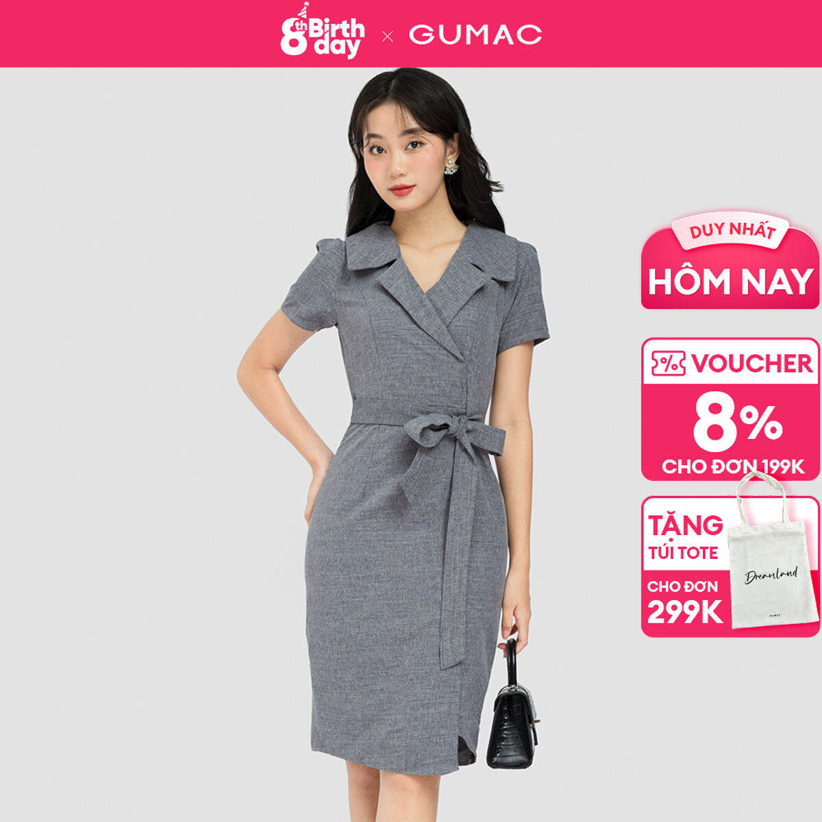 Đầm body nữ GUMAC, đầm body cổ vest tay ngắn DC08100