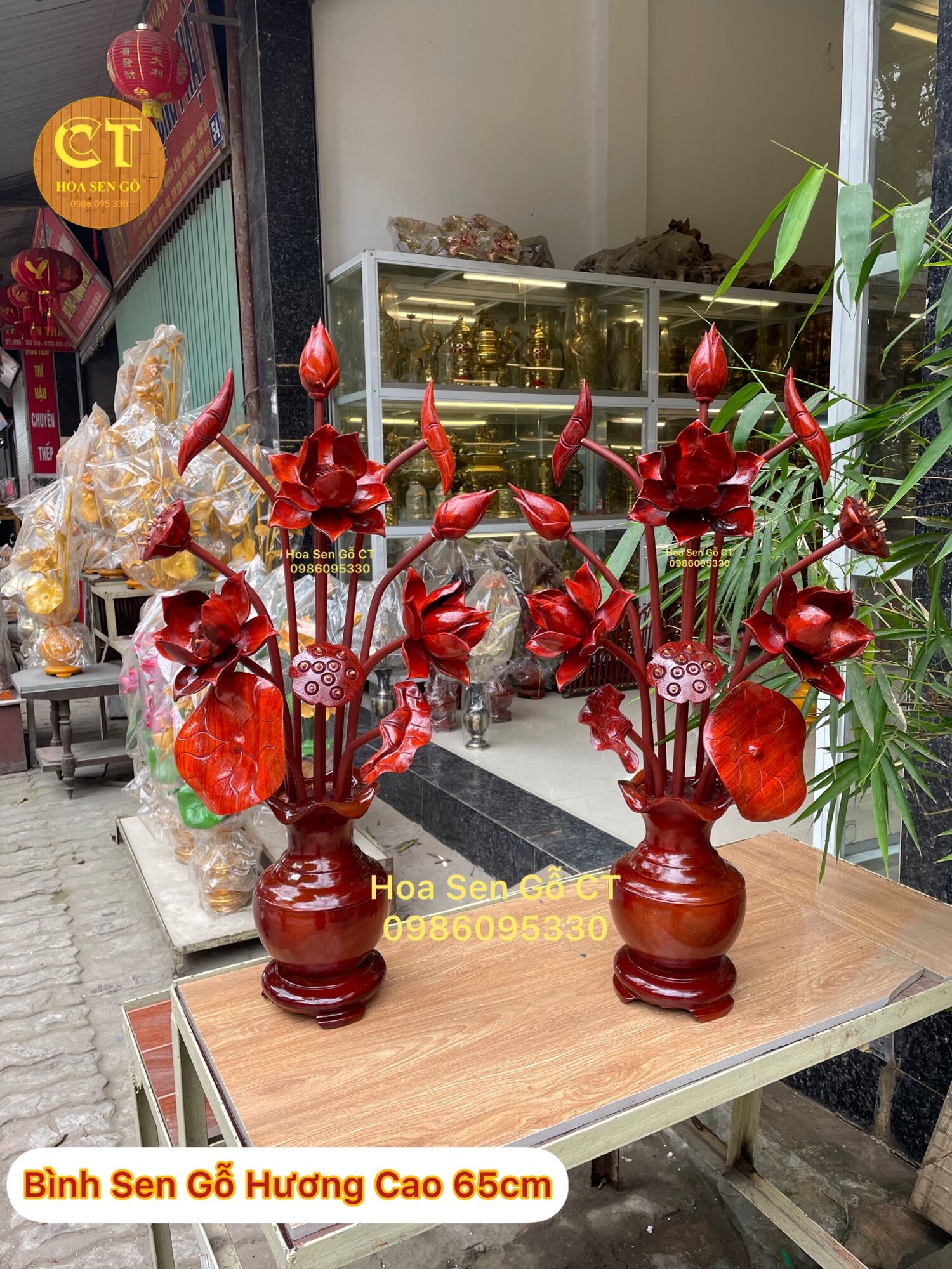 Bình hoa sen gỗ hương cao 65cm - 1 bình