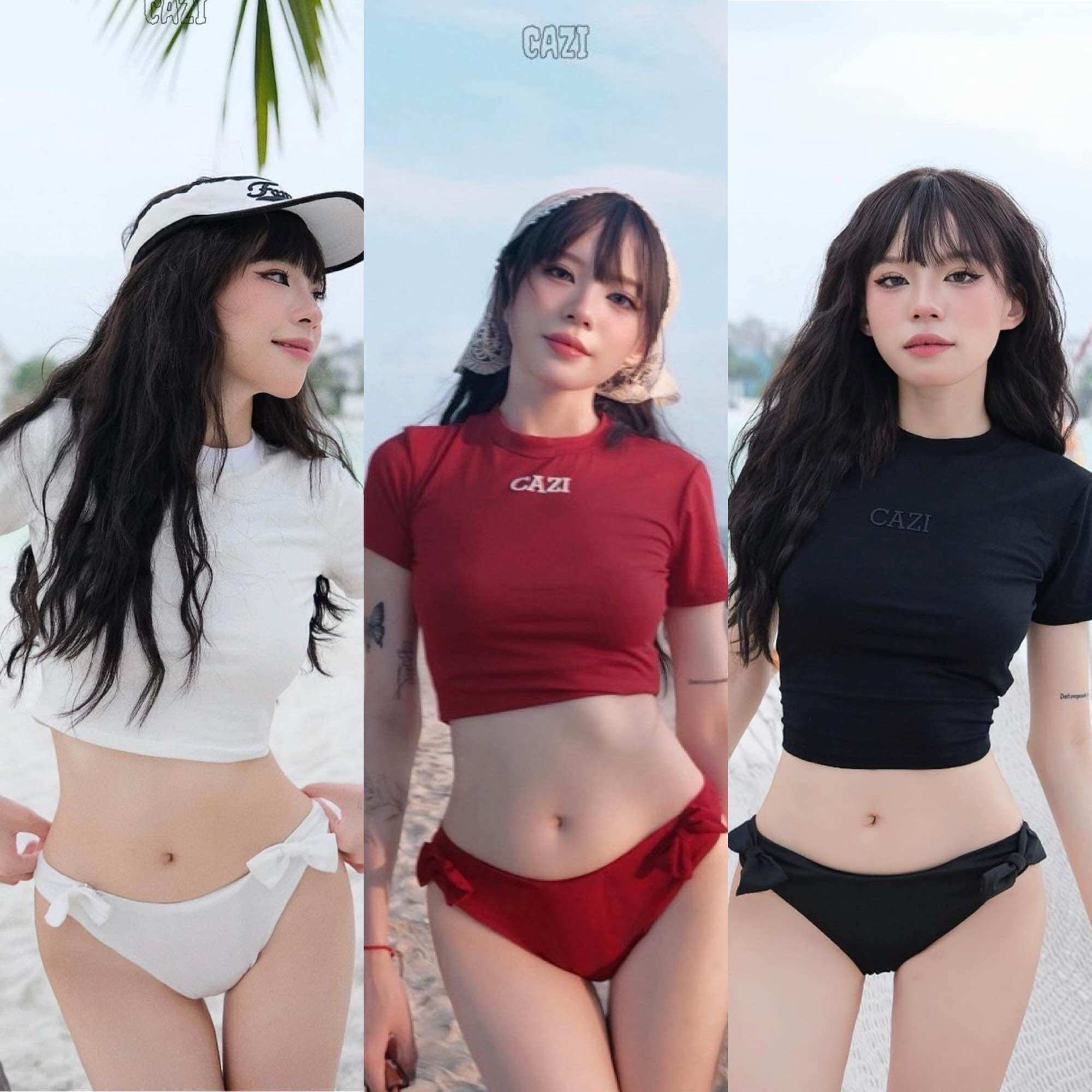 Set áo croptop chữ CAZI + quần chip bikini đỏ đen trắng đính nơ ❤️