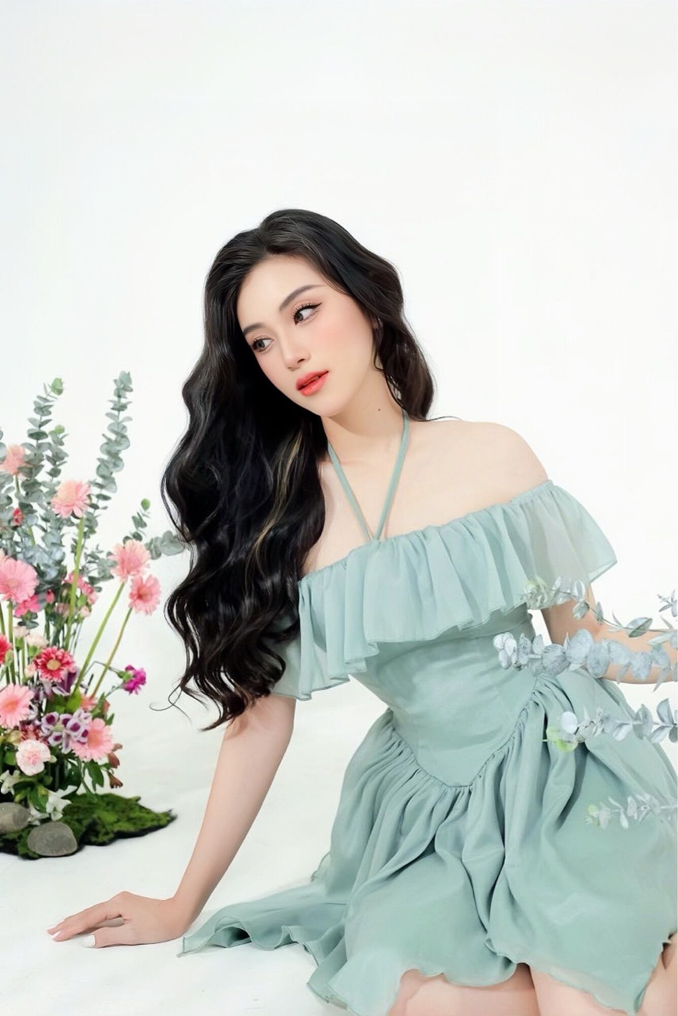 Đầm thiết kế nữ cao cấp 2 lớp , đầm tơ trễ vai bèo siêu xinh