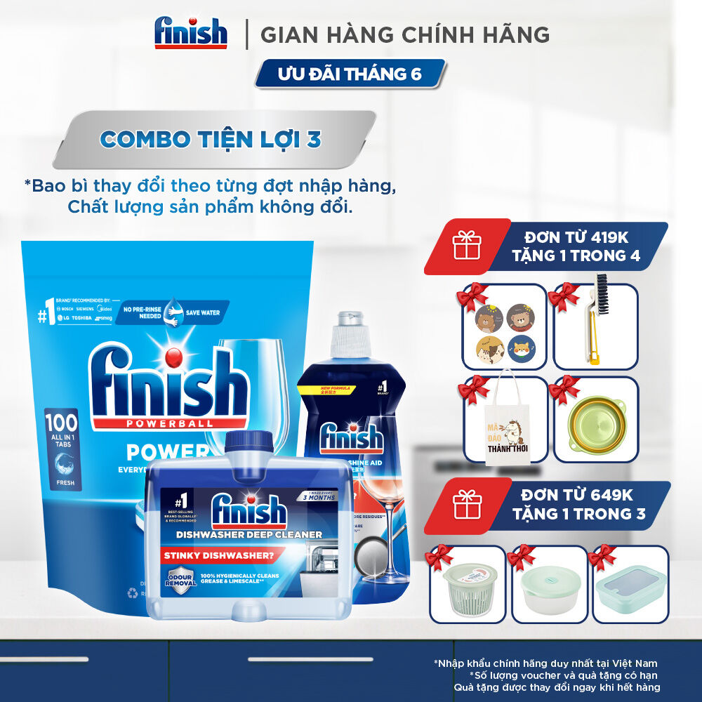 Combo Finish tiện lợi 3:Túi 100 Viên Rửa Bát Finish Everyday Clean  Shine + Nước Làm Bóng Finish 500ml+ Dung Dịch Vệ Sinh Máy Finish 250ml