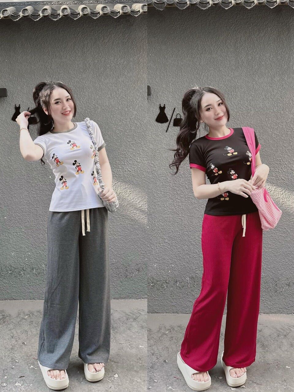 Set áo tay phối viền micky quần suông gân