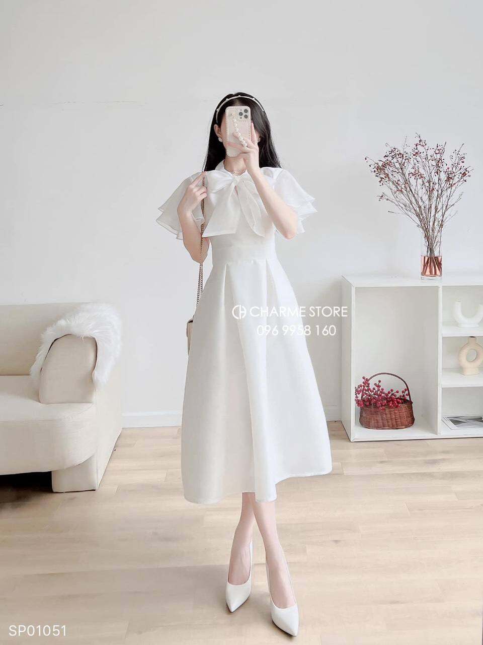 Đầm trắng tay tiên thắt nơ cổ🤍