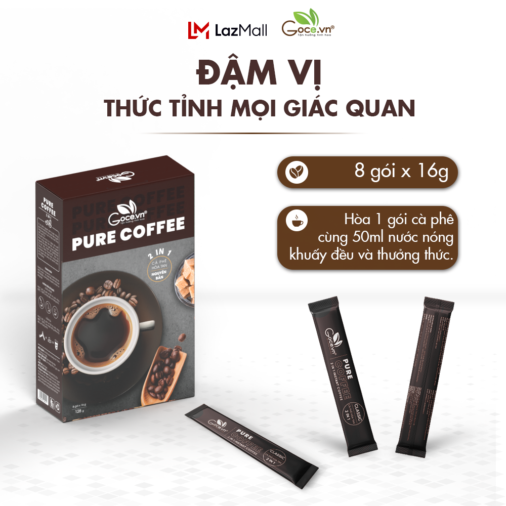 Pure Coffee Goce - Cafe Đen hòa tan 2 trong 1 - 128g (8 gói x 16g)