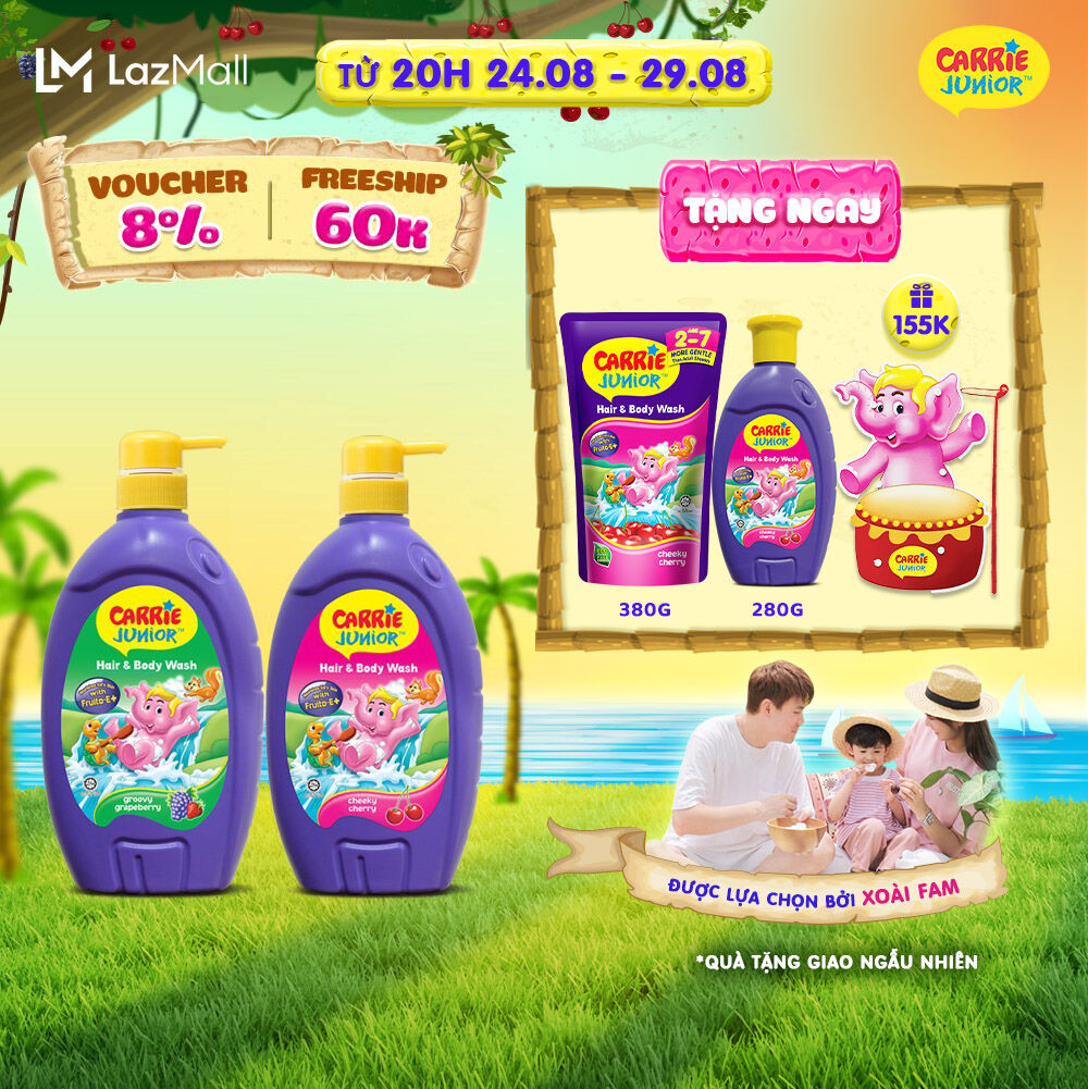 Combo 2 Sữa Tắm Gội cho bé Carrie Junior chiết xuất trái cây thiên nhiên (700g/chai): 1 Hương Grapeberry + 1 Hương Cherry