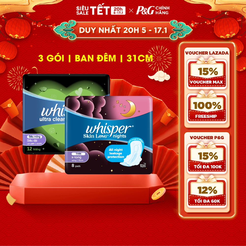 Combo 3 Băng Vệ Sinh WHISPER Ultra Clean/ Skin Love Khô Thoáng Siêu Mỏng Cho Đêm Nhiều Có Cánh 31cm 12 Miếng/ 8 Miếng