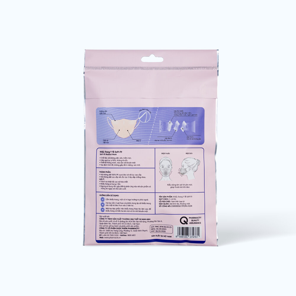 Khẩu trang y tế  Soft-fit màu hồng (Gói 5 cái)