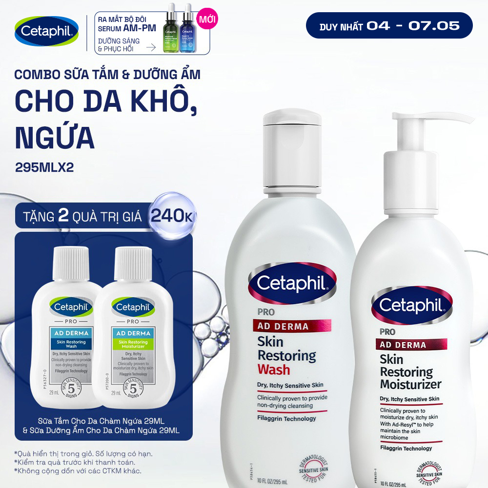 Combo Sữa tắm và Kem dưỡng ẩm dành cho da khô, ngứa Cetaphil Pro AD Derma Wash 295ml + Cetaphil Pro AD Derma Moisturizer 295ml