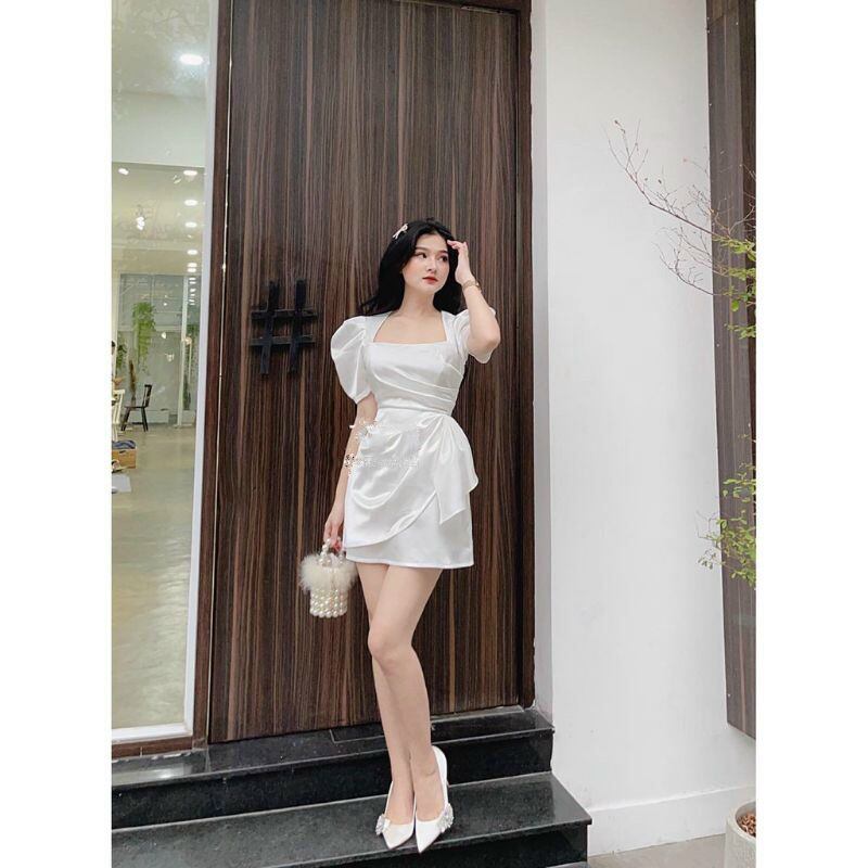 Đầm dự tiệc ngắn xoắn eo tay phồng