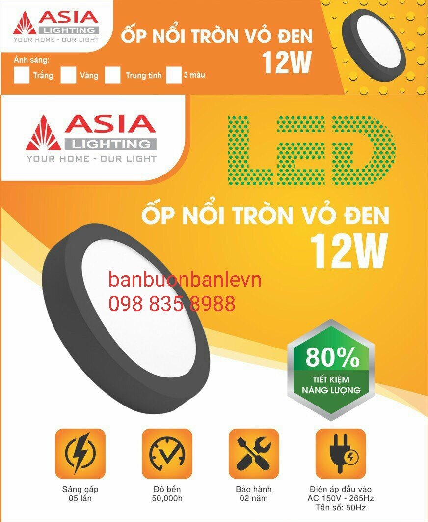 Đèn LED ốp nổi mặt phẳng đen tròn 12w Asia