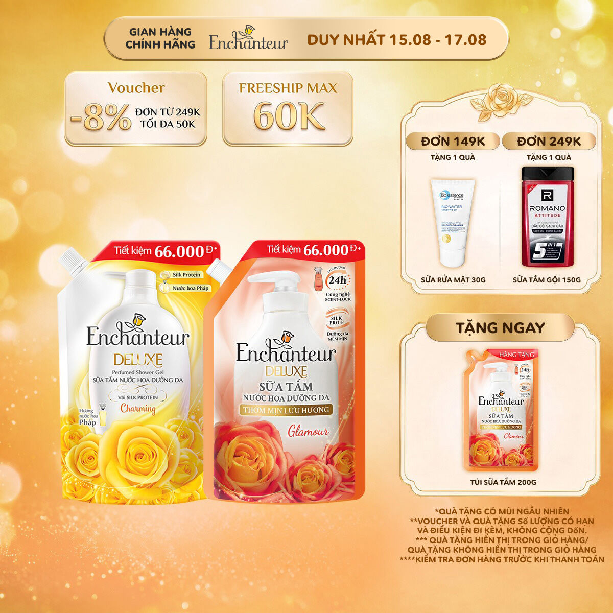 Combo 2 túi sữa tắm nước hoa dưỡng da Enchanteur hương Chamring/Glamour 640g tặng 1 túi sữa tắm Enchanteur 200g (Quà hiện giỏ hàng)