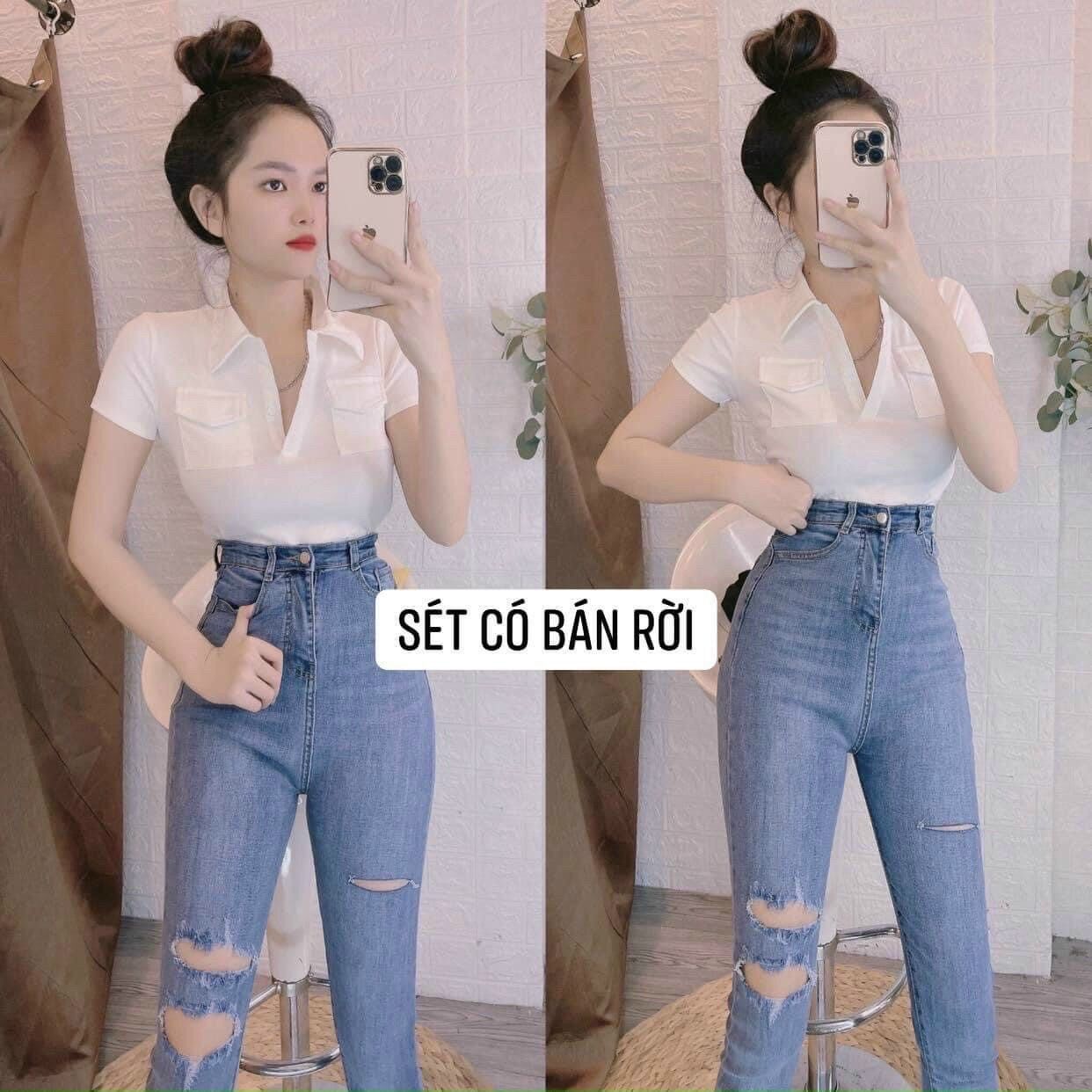 Quần jean ôm lưng cạp siêu cao rách hình thật