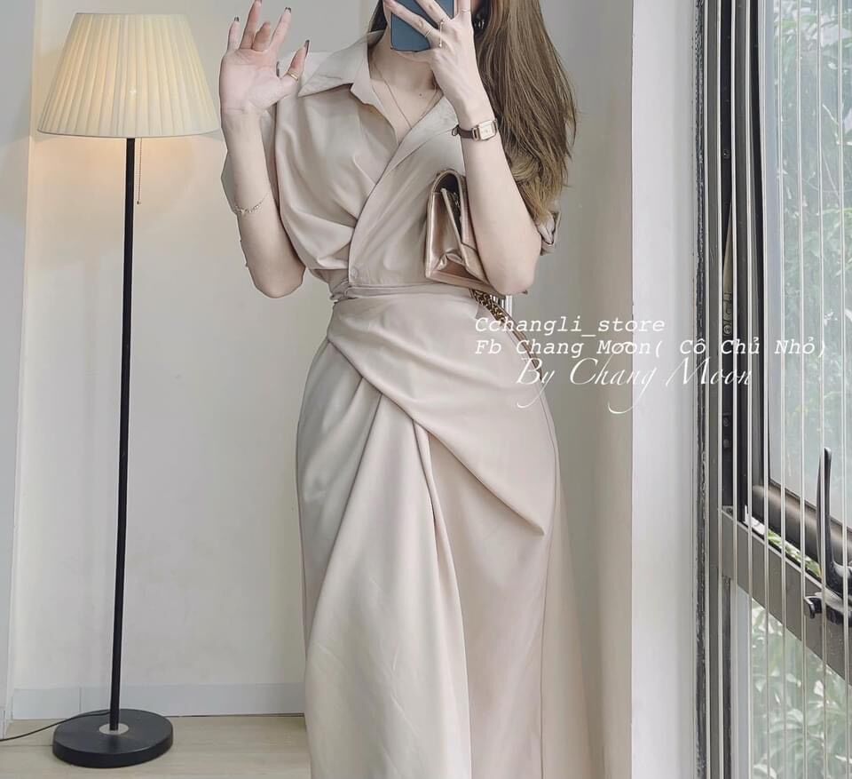 ĐẦM MIDI SƠMI PHỐI EO XOẮN
